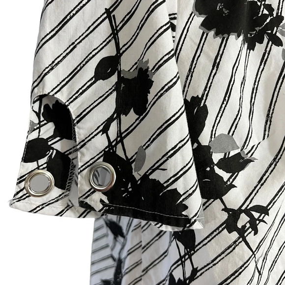 Roamans Button Up Shirt 16W Black White Gray Floral Striped Grommet Accents Top - Picture 5 of 6